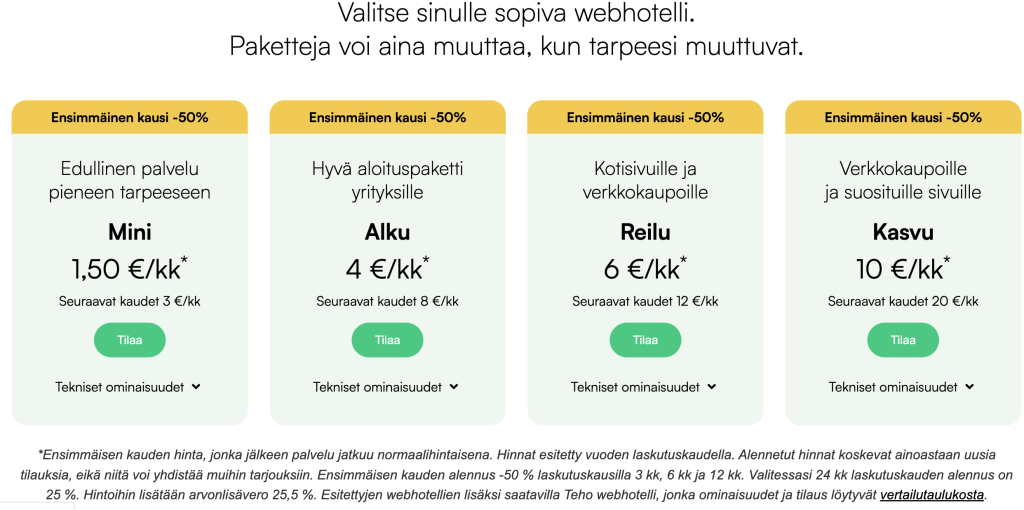 Kuvakaappaus Hostingpalvelu.fi webhotellipakettien hinnoista (12/2024)